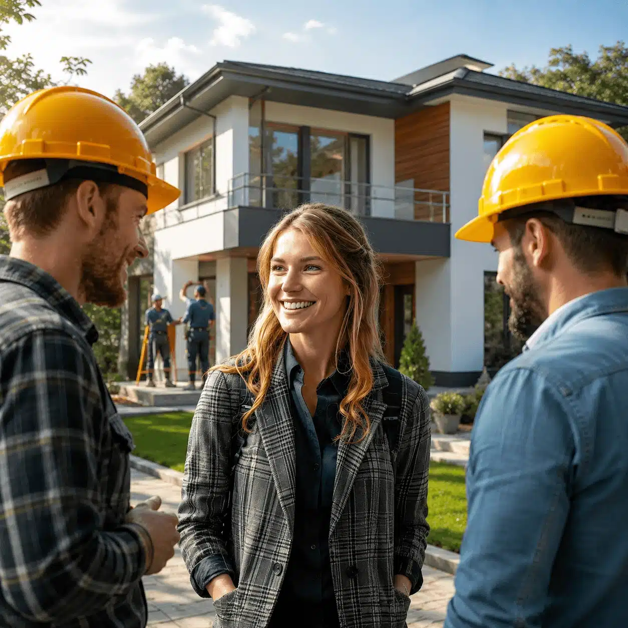 satisfaction-client-construction-neuve Cliente satisfaite devant une maison neuve réalisée clé en main