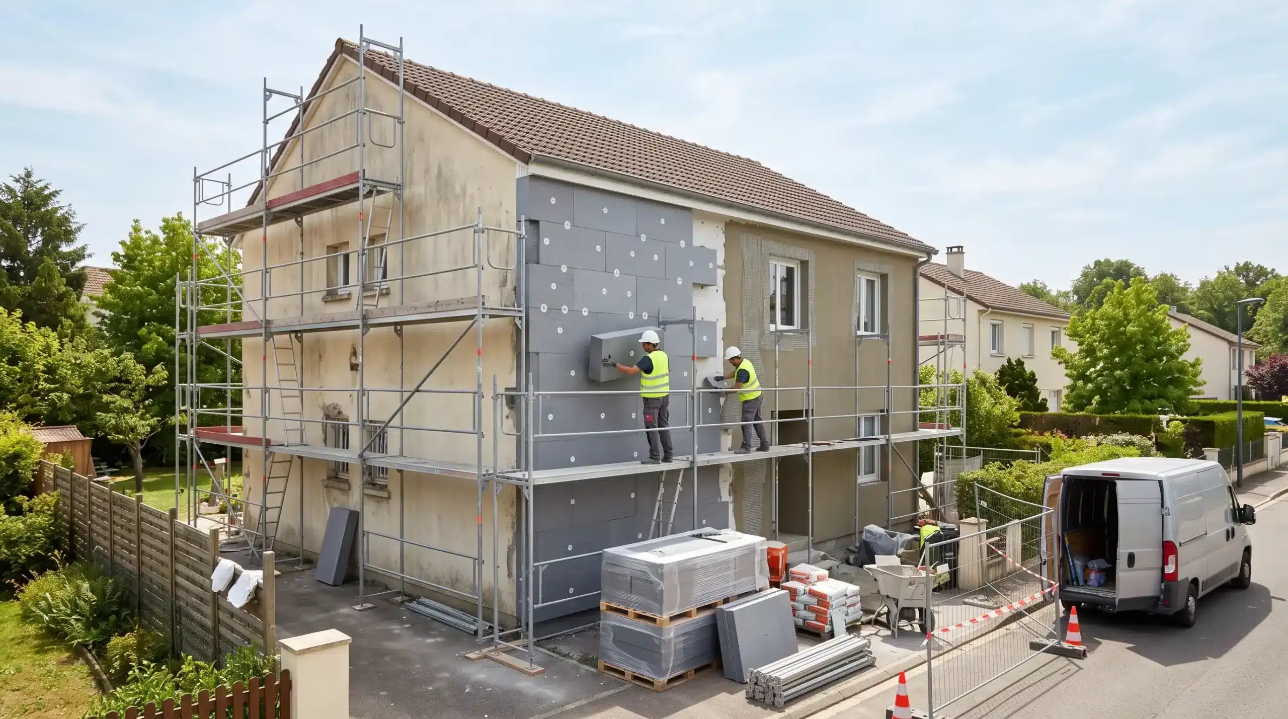 Handwerker montieren graue Dämmplatten auf einem Baugerüst zur Fassadendämmung an einem Wohnhaus.