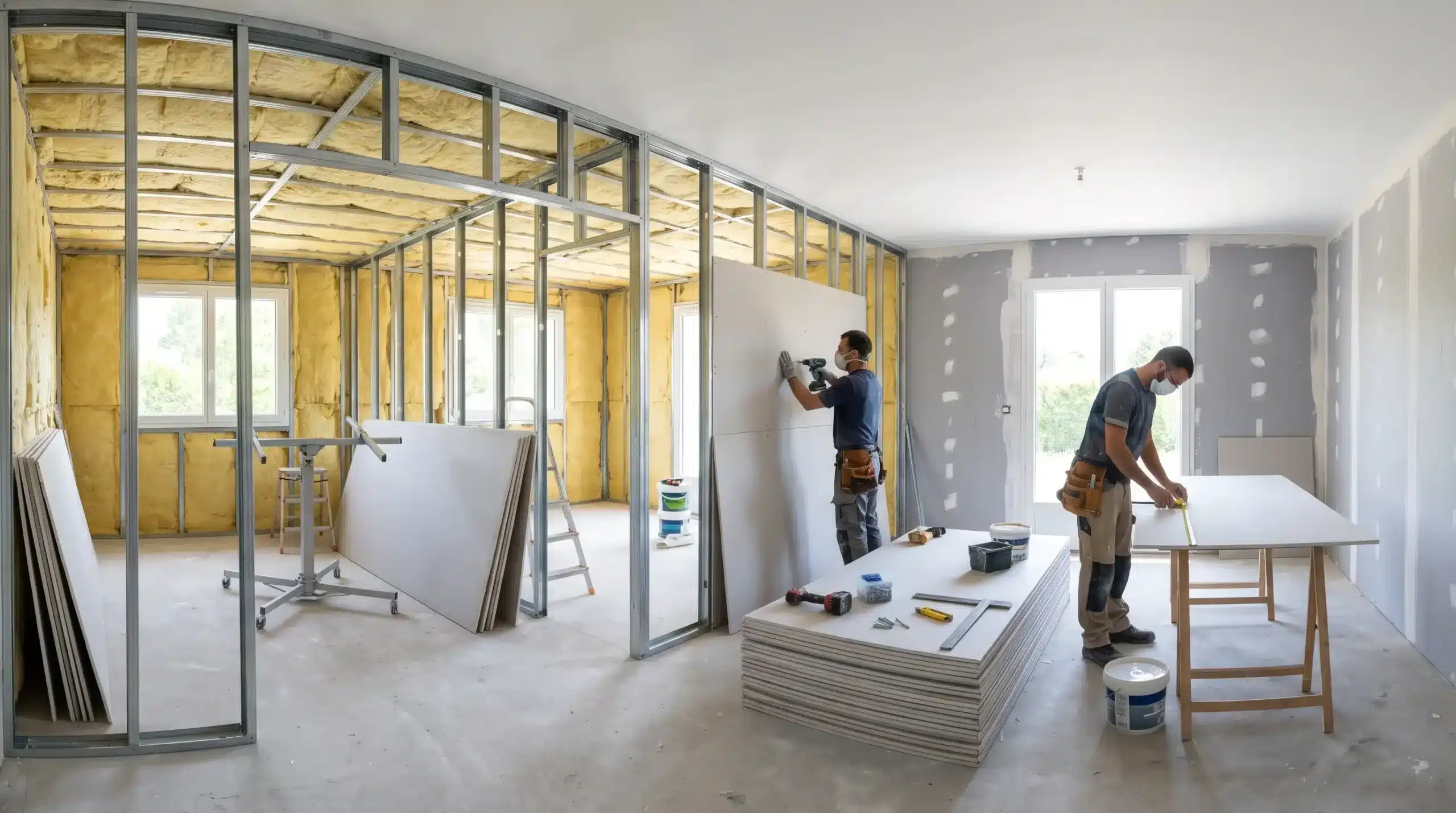 Des artisans plaquistes posent des plaques de plâtre BA13 sur une ossature métallique avec isolation en laine de verre lors de travaux d'aménagement intérieur.